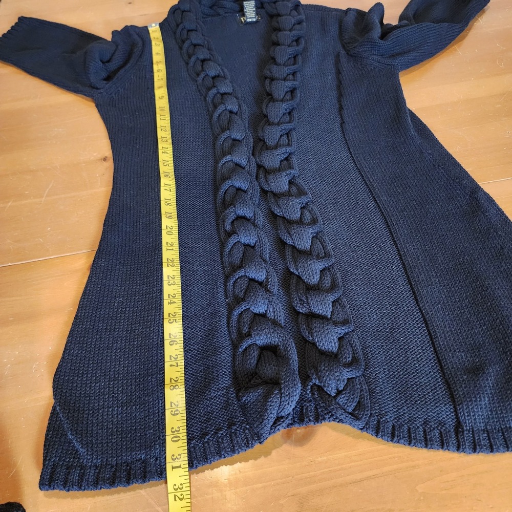 Pure Handknit Long Cardigan Sweater Womens L XL Navy Braided Trim Office Casual - Picture 8 of 10